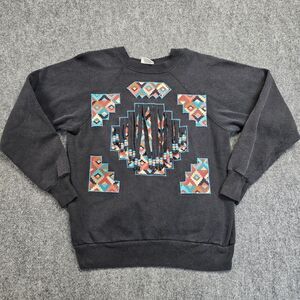 Vintage Pannill Black Aztec Print Crewneck Sweatshirt Womens Lg 80s 90s USA Made